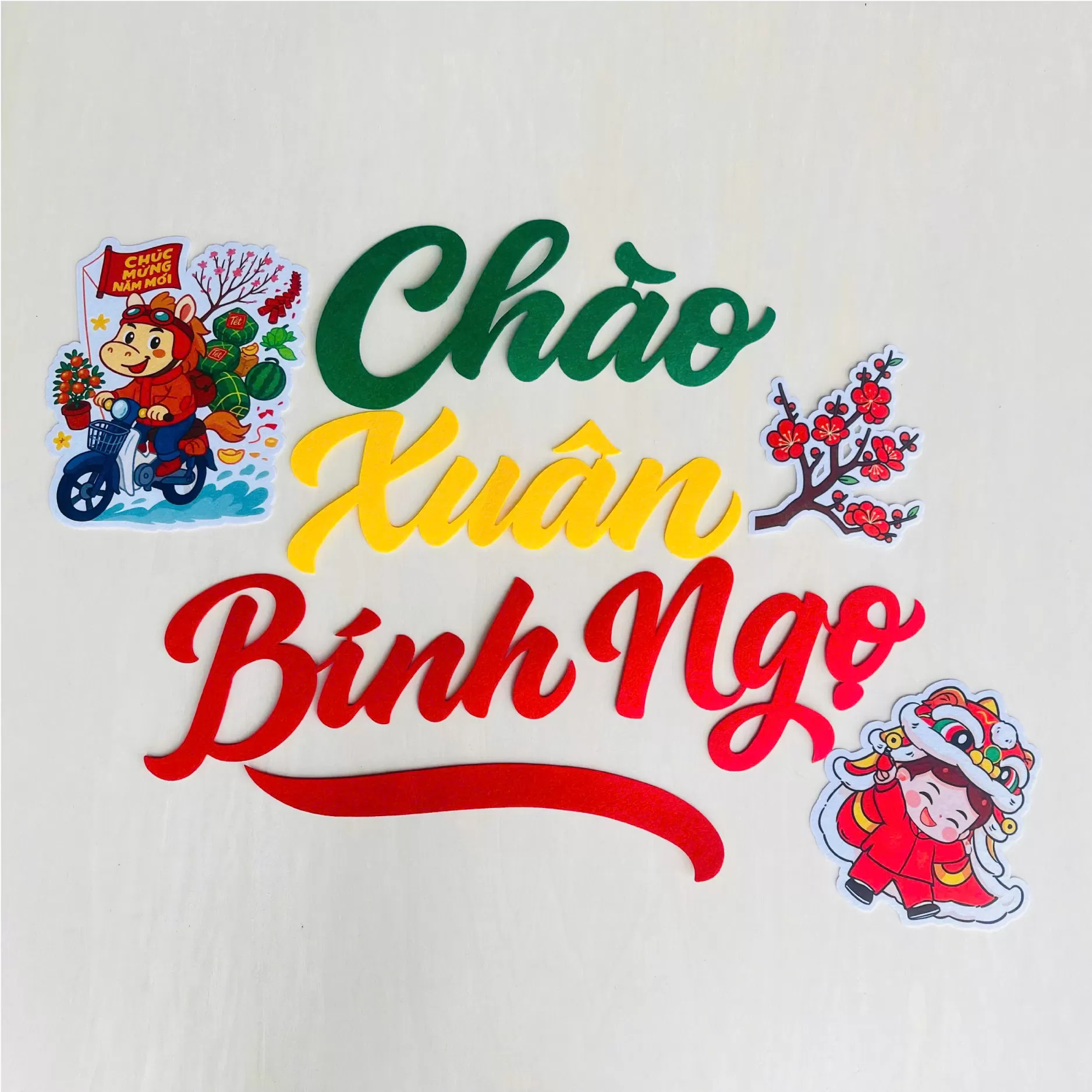 Sét trang trí tết vải dạ CHÚC MỪNG NĂM MỚI và CHÀO XUÂN BÍNH NGỌ 2026