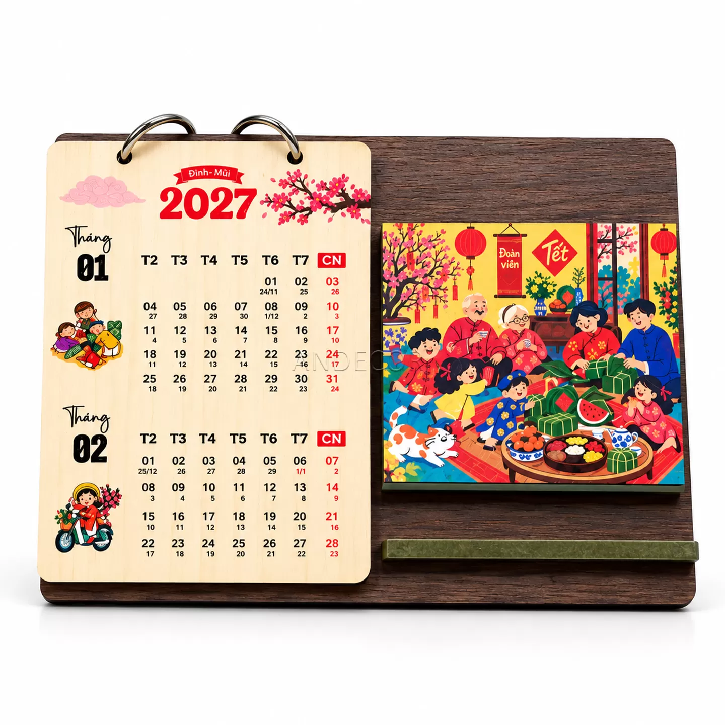 Lịch Gỗ Để Bàn 2027 Tết Đoàn Viên – Khung Ảnh Gỗ In Logo Quà Tặng Doanh Nghiệp | ANDECOR