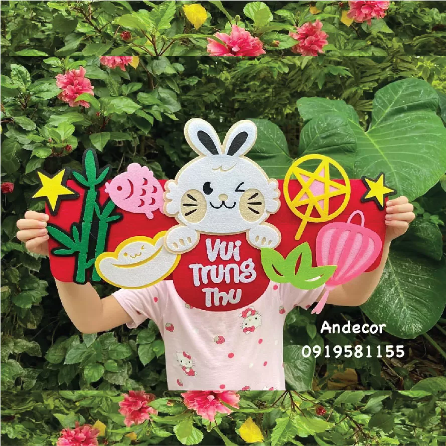 Biển treo trung thu vải dạ mẫu ngang thỏ