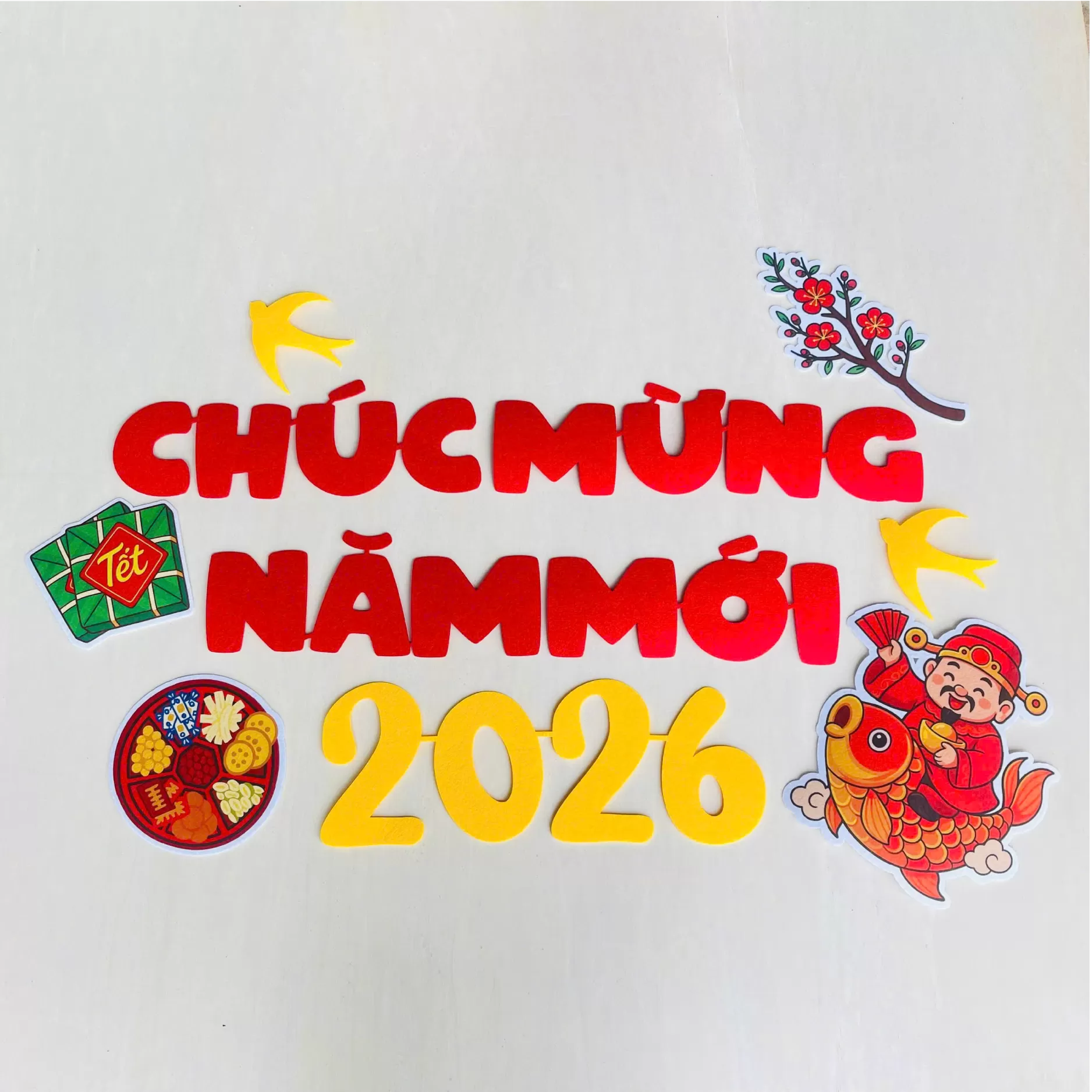 Sét trang trí tết vải dạ CHÚC MỪNG NĂM MỚI và CHÀO XUÂN BÍNH NGỌ 2026