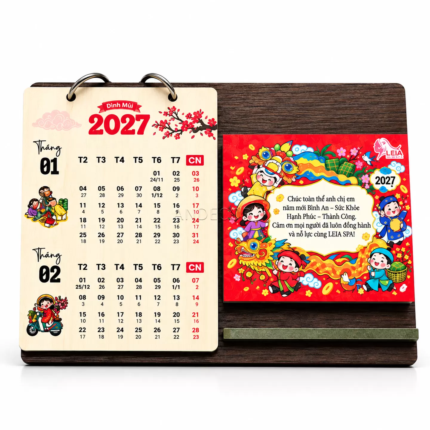 Lịch Gỗ Để Bàn 2027 Múa Lân Đón Xuân – Quà Tết Doanh Nghiệp In Logo Theo Yêu Cầu | ANDECOR
